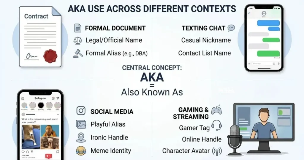 Infographic showing AKA meaning and how “also known as” is used in texting, social media, memes, and usernames