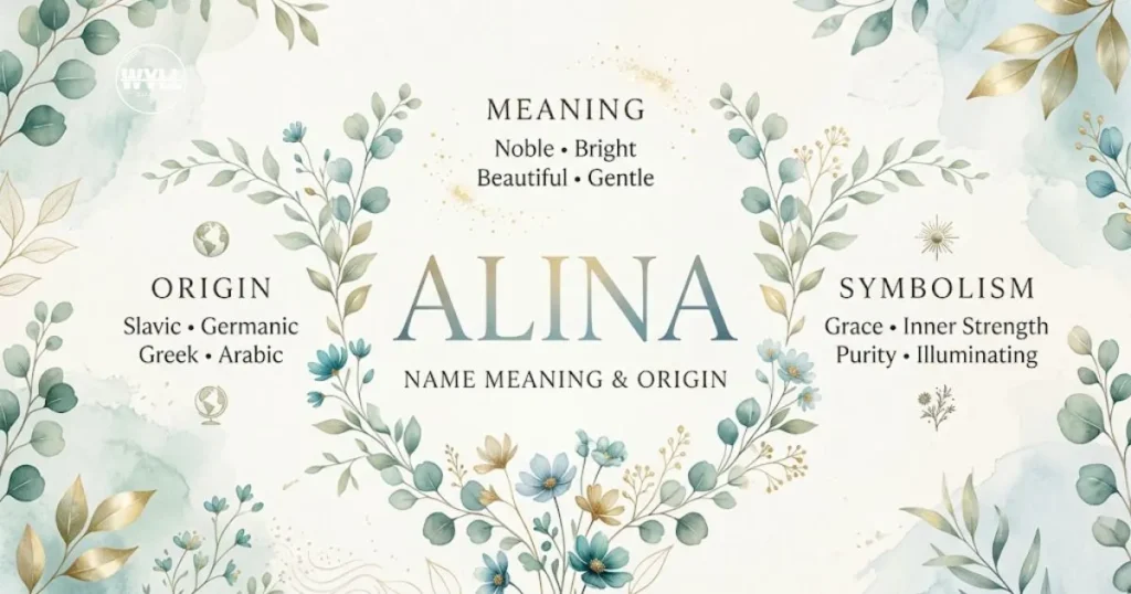 Alina name meaning infographic showing its origin, meaning, and name symbolism
