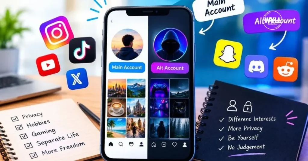 A modern illustration showing a main social media account and an alt account on a smartphone, highlighting privacy, separate interests, gaming, hobbies, and creative freedom.