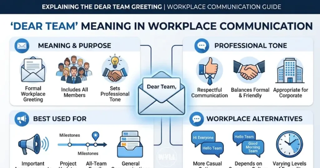 : Create a clean, professional 16:9 SEO-friendly infographic explaining “Dear Team Meaning” in workplace communication. Use a modern corporate infographic layout with a central email/message illustration and four simple visual sections around it: “Meaning,” “Professional Tone,” “Best Used For,” and “Alternatives.” Use very short readable labels only, with simple icons such as an envelope, team/group, speech bubble, and office building. Include a subtle distinction between formal and friendly workplace greetings using visual cues. White background with professional blue accents, clean typography, generous spacing, flat-modern infographic design mixed with subtle realistic elements, highly readable on a blog page, no unnecessary paragraphs, no logos, no watermark, no keyword stuffing.