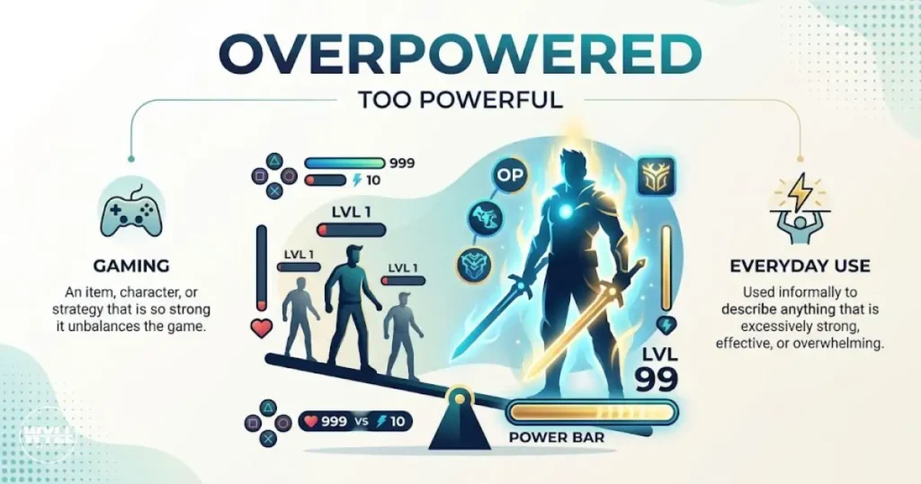 Overpowered meaning infographic explaining the definition and common uses of overpowered