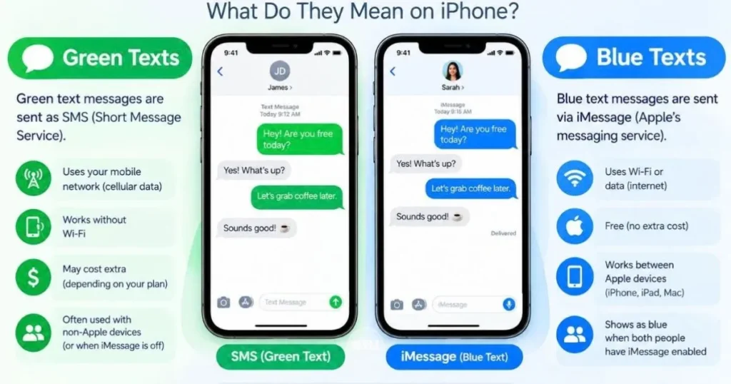 Green vs blue iPhone text messages showing the difference between SMS and iMessage.