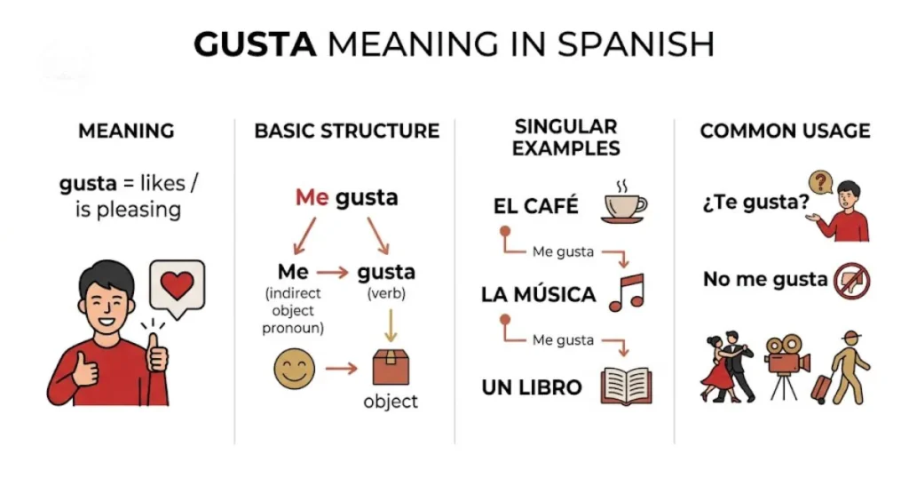Infographic explaining the meaning and common uses of “gusta” in Spanish