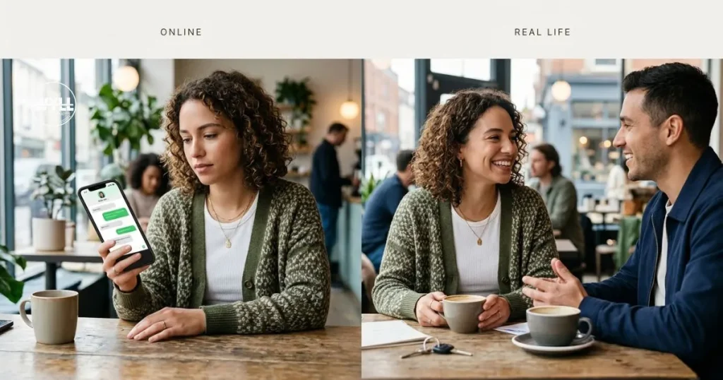 IRL meaning illustrated by the contrast between online chat and real-life interaction