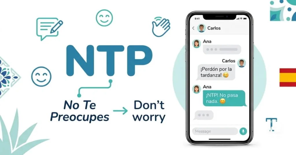 NTP meaning in Spanish texting infographic showing No Te Preocupes