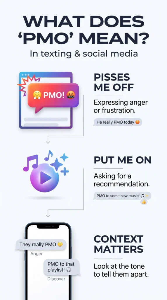 PMO meaning infographic showing common uses of PMO in texting and social media