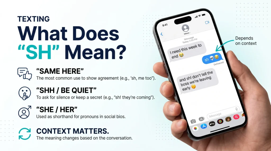 SH meaning infographic explaining the common uses of SH in texting and online slang