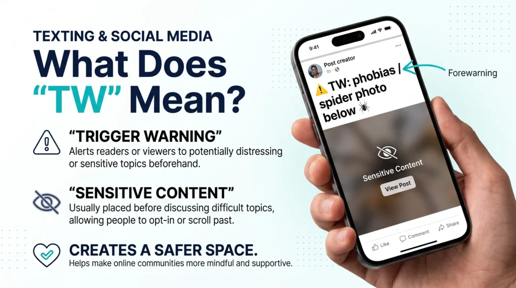 TW meaning infographic explaining what TW means in texting and social media