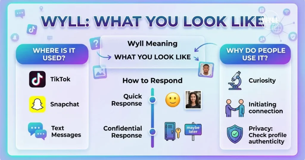 A clean infographic explaining the acronym WYLL meaning "What You Look Like" in text messaging, including examples and response options.