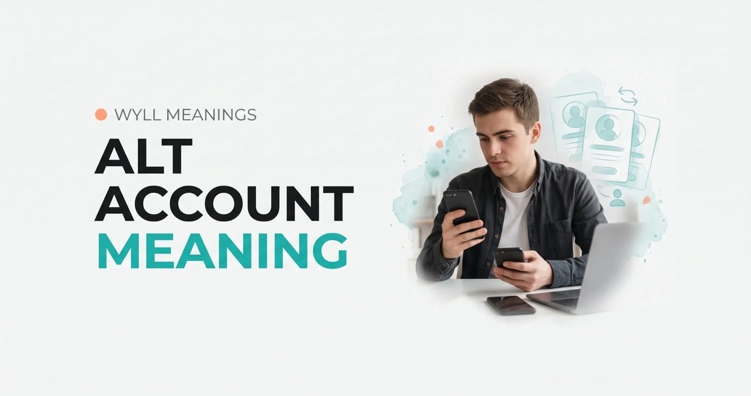 alt account meaning explained with a man holding a phone, featuring bold text and a clean, modern design.
