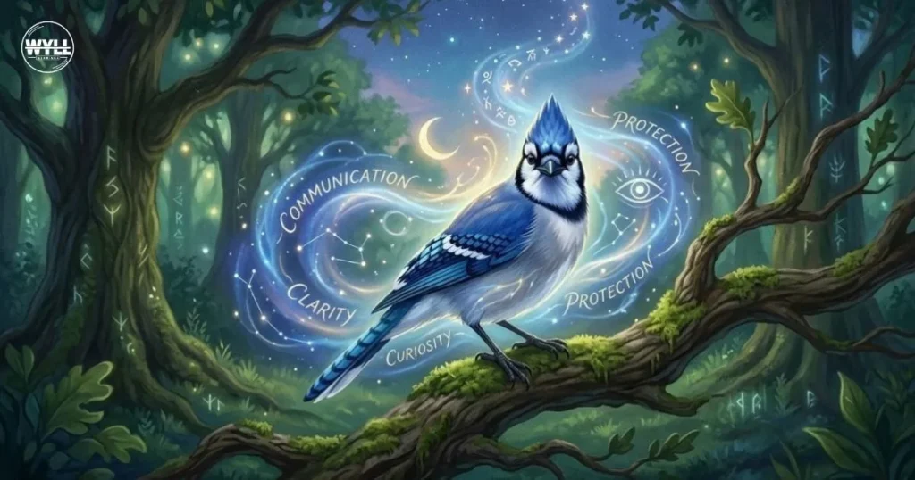 "A blue jay perched on a mossy branch within a magical forest setting. The scene is illuminated by glowing light trails, sparkles, and translucent magical leaves, with a crescent moon visible in the background. Behind the bird, an intricate, glowing mandala-like circle containing runic symbols floats in the air."
