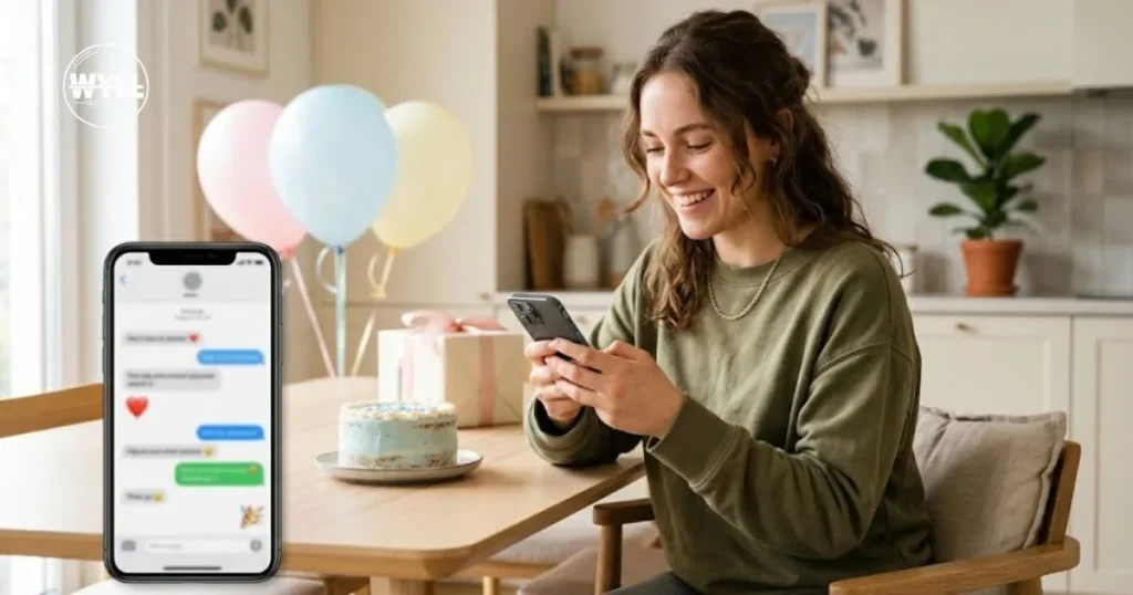 Woman smiling at a phone chat beside a birthday cake, showing the HB meaning in text messages