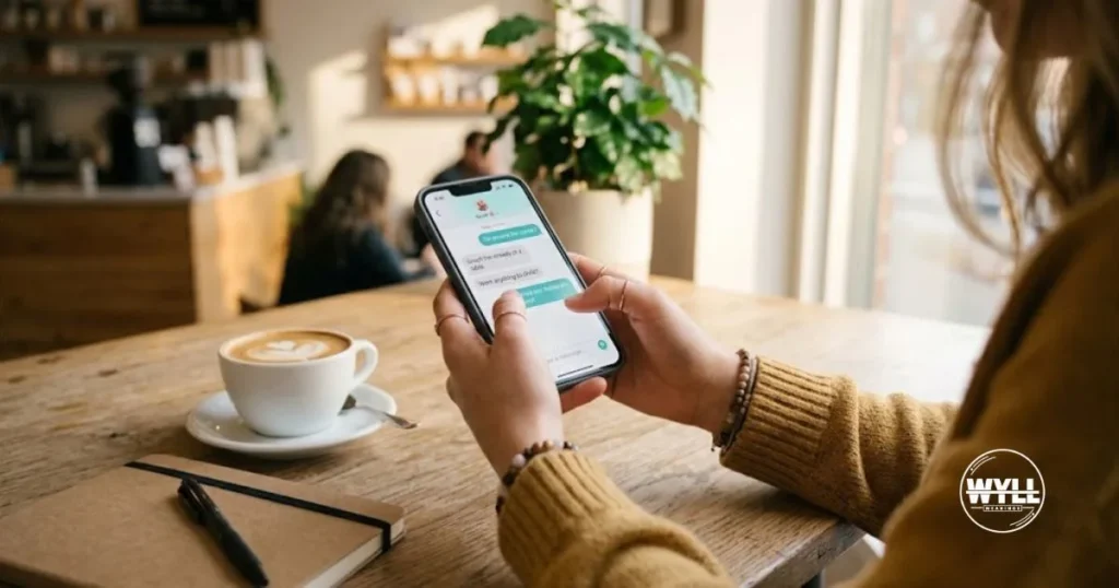 Smartphone showing a casual text conversation where a friend sends "hmu" in a café