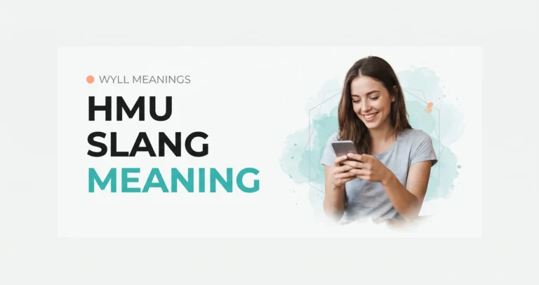 hmu meaning explained with a woman holding a phone, featuring bold text and a clean, modern design.