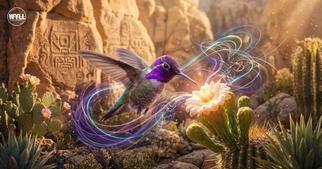 A magical hummingbird with glowing light trails near a cactus flower in an ancient desert, symbolizing hummingbird spiritual meaning