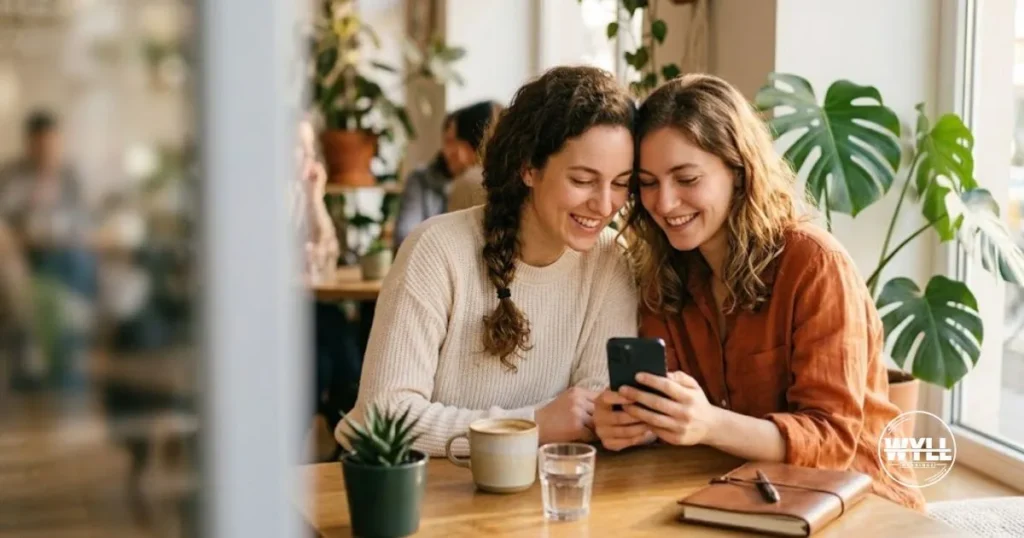 Two friends smiling at a phone together in a café, sharing an inside joke that shows the meaning of IYKYK