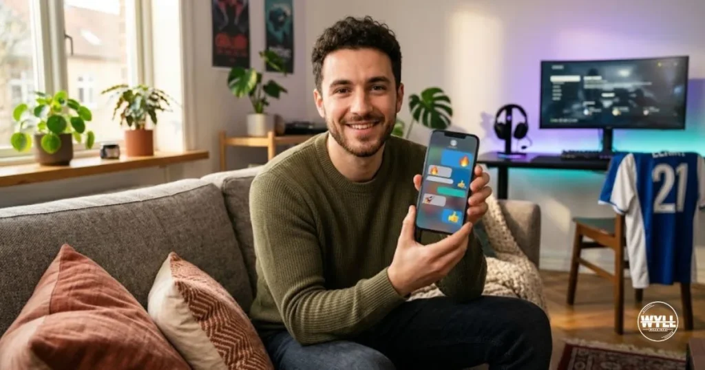 Person smiling at a group chat full of fire and rocket emojis, showing how LFG is used in text messages
