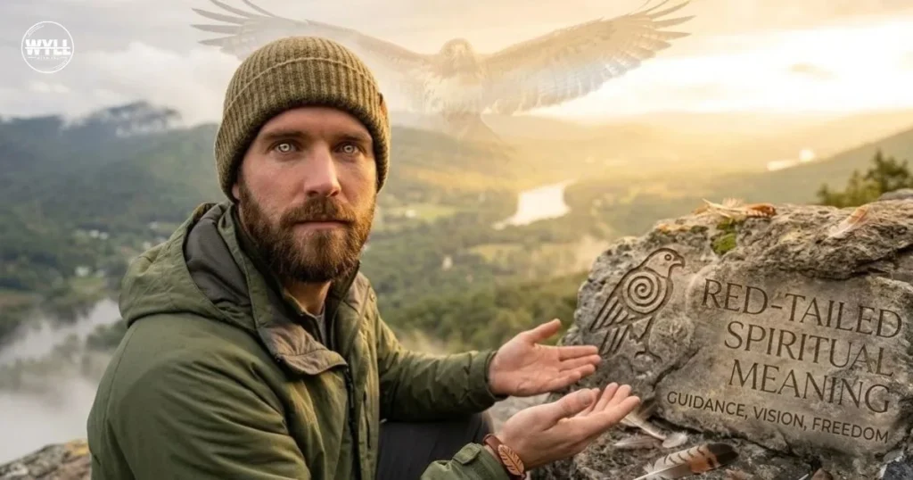 "A man standing on a mountain peak looking up at a flying red-tailed hawk, with text reading 'Red-Tailed Hawk: Spiritual Meaning - Guidance, Vision, Freedom'."