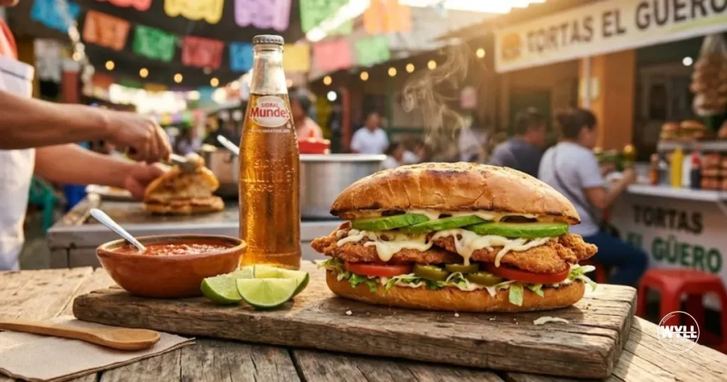 A freshly made Mexican torta sandwich on a wooden board at a busy street food stall