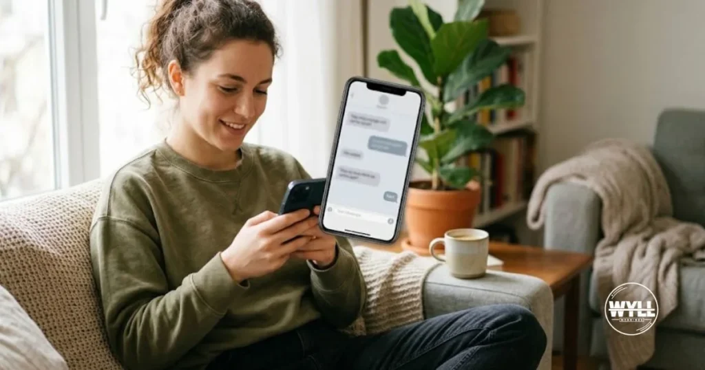 A young woman with curly hair is smiling and looking at her smartphone while sitting comfortably on a sofa in a living room.